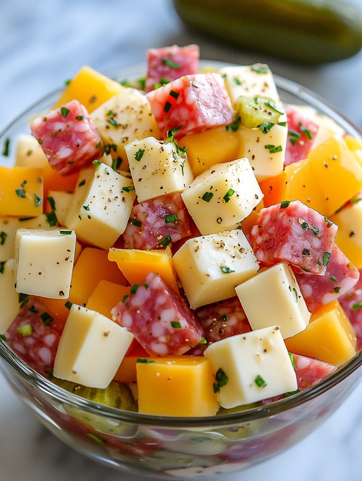 Easy Marinated Cheese Appetizer with Salami & Pickles