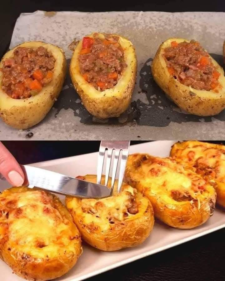 Potatoes filled with meat and cheese, baked twice